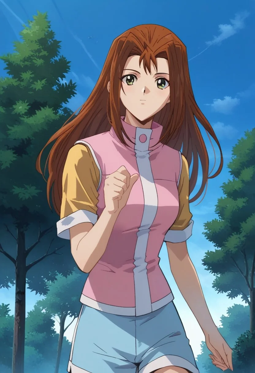 score_9, score_8_up, score_7_up
YGOSerenityWheeler, 1girl, long hair, brown hair, hair intakes, green eyes, brown eyes, yellow shirt, short sleeves, pink vest, blue shorts, white socks, blue foorwear, sneakers, solo, standing, upper body, outdoors, Dynamic pose, trees, sky, cowboy shot, looking at viewer