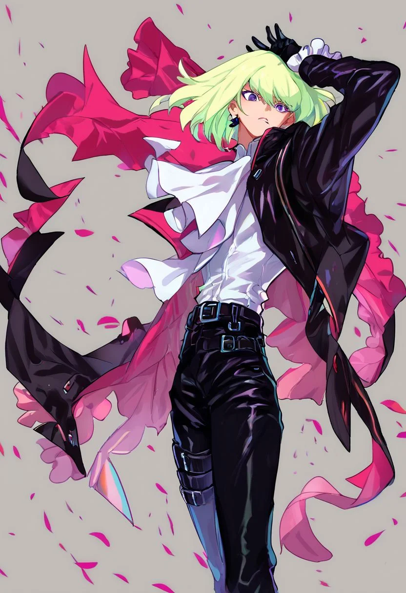 score_9, score_8_up, score_7_up, score_6_up, score_5_up, score_4_up
1 boy, solo, Lio Fotia \(Promare\),
lio fotia, purple eyes
frills, black jacket, white ascot, multiple belts, long sleeves, frilled sleeves, black gloves, half gloves, black pants, earrings