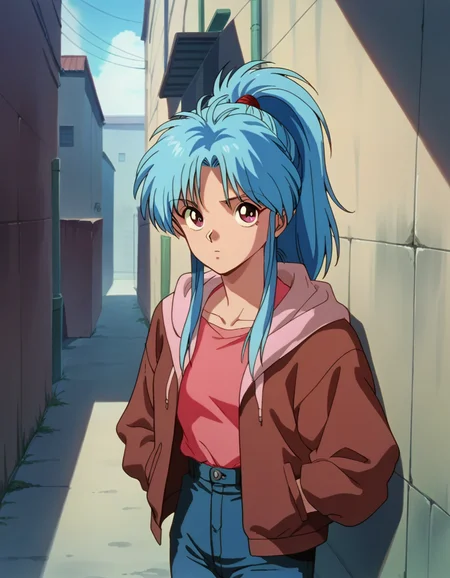 score_9, score_8_up, score_7_up, 1girl, solo,
looking at viewer,
<lora:Botan PDXL:0.8>, botan, ponytail, blue hair, parted bangs, pink eyes, hood, hoodie, pink shirt, denim, jeans, outdoors, alley, uneven eyes,