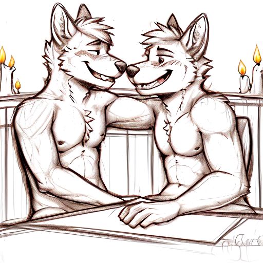 2boys, gay, furry, sitting in a restraint, laughing, lit candle on the center of the table, starring lovingly at partner, sketch