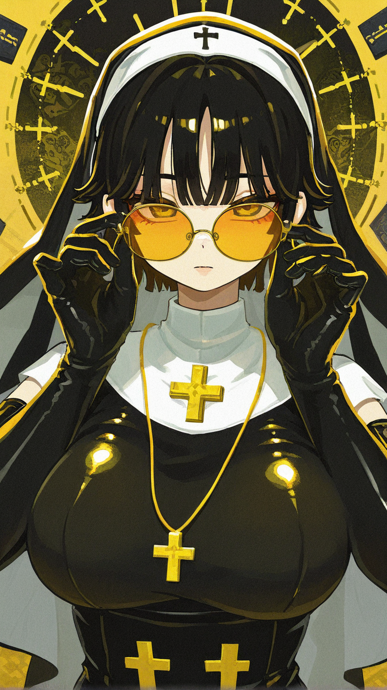1girl, solo, breasts, looking_at_viewer, short_hair, bangs, large_breasts, black_hair, gloves, yellow_eyes, upper_body, black_gloves, elbow_gloves, sunglasses, cross, adjusting_eyewear, nun, habit, tinted_eyewear, orange-tinted_eyewear