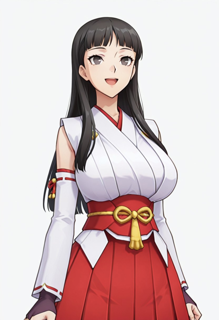 score_9,score_8_up,score_7_up,source_anime,5_figner,2d_animation,game cg,BREKE,1girl,solo,
p4amagi, Amagi Yukiko, long hair, black hair, bangs, 
NYS-W,japanese clothes, miko,sash, detached sleeves,red hakama,red obi,black pantyhose,fingerless gloves,
smile,cowboyshot,openmouth,
huge breasts,thick hips,thick thighs,thick waist,disproportionate breasts,
curves,glamour,
simple background,white background,
masterpiece,best qualit,ultra-detailed,illustration,an extremely delicate and beautiful,beautiful detailed eyes,unity 8k wallpaper,high resolution,anime CG,official_art,Erotic_style, anime_coloring, anime_screencap,