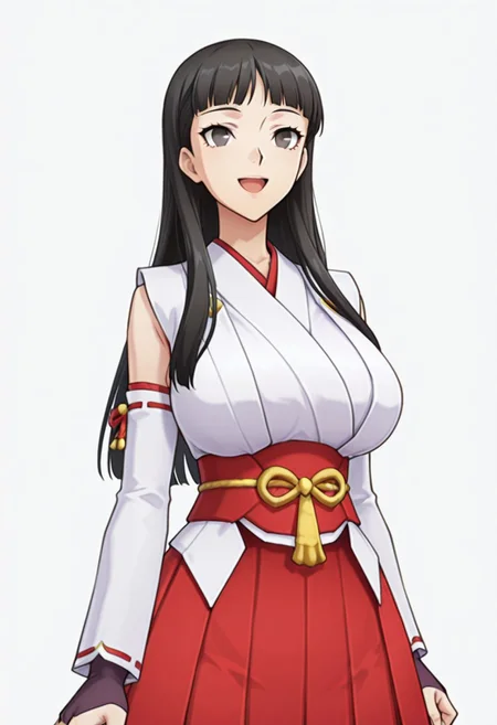 score_9,score_8_up,score_7_up,source_anime,5_figner,2d_animation,game cg,BREKE,1girl,solo,
p4amagi, Amagi Yukiko, long hair, black hair, bangs,
NYS-W,japanese clothes, miko,sash, detached sleeves,red hakama,red obi,black pantyhose,fingerless gloves,
smile,cowboyshot,openmouth,
huge breasts,thick hips,thick thighs,thick waist,disproportionate breasts,
curves,glamour,
simple background,white background,
masterpiece,best qualit,ultra-detailed,illustration,an extremely delicate and beautiful,beautiful detailed eyes,unity 8k wallpaper,high resolution,anime CG,official_art,Erotic_style, anime_coloring, anime_screencap,