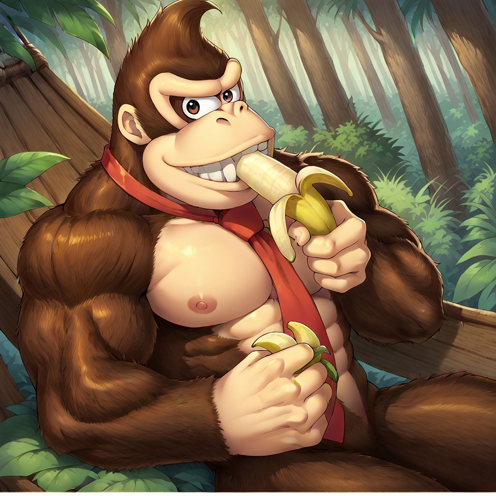 <lora:anipony_XL:0.5>, zPDXLxxx, score_9, score_8_up, score_7_up, SFW, source_anime, rating_general, (anime screenshot, flat coloring), solo, <lora:Donkey_Kong:0.8> donkeykong, brown fur, red tie, necktie, large body, large biceps, teeth, laying down on a hammock, holding a banana, jungle setting, trees plants, alligators in background, detailed background, <lora:Eating_Banana:0.7> banana, eating banana, holding fruit
