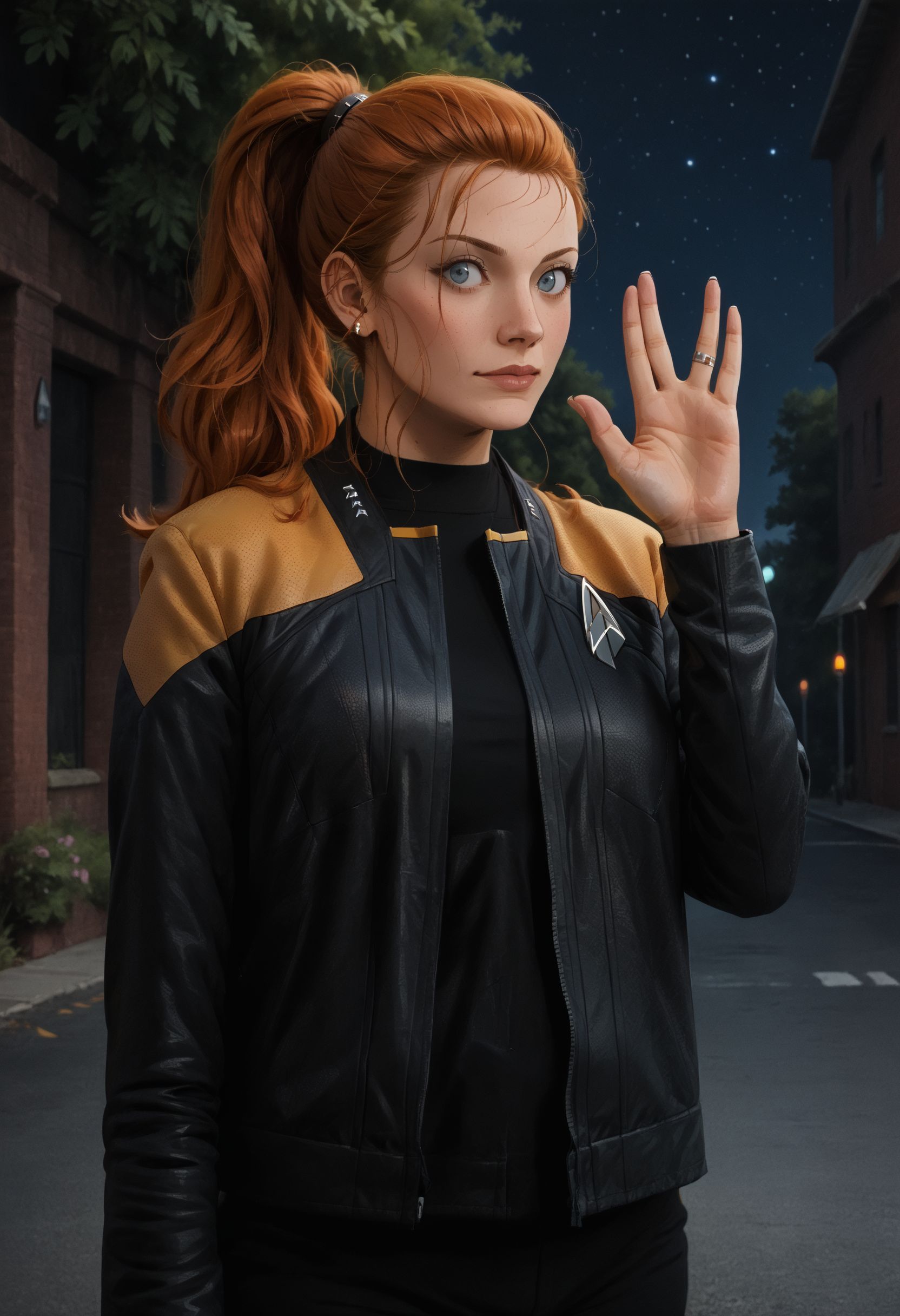 core_9, score_8_up, score_7_up ,score_6_up, vulcansalute hand gesture,<lora:VulcansalutePonyV1-000035:0.8> 1girl,scenery,ginger,ponytail,
pcdjck,Star trek jacket,yellow shoulders,black shirt
,<lora:PicardJacketPony>