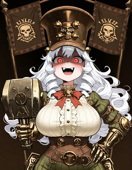 (2D,masterpiece,best quality,amazing quality,very aesthetic,high resolution,looking at viewer,ultra-detailed,1 girl,solo,source_anime,cute,curvy,huge_breasts,lovely,upper_body,Simple black background), Astragoth Ironhand,flag,hat,(holding Hammer:1.2),Iron hand,clothes,white hair,curly hair,long hair,Shortstack,rape face, orgasm face, glowing red eyes, open smile, reverse_rape, open mouth,shaded face, scared face, yandere,fangs,blush,one hand on hip,steampunk,frill,ribbon,<lora:Astragoth_Ironhand:1>, <lora:ValbunStyle-IL:0.6>