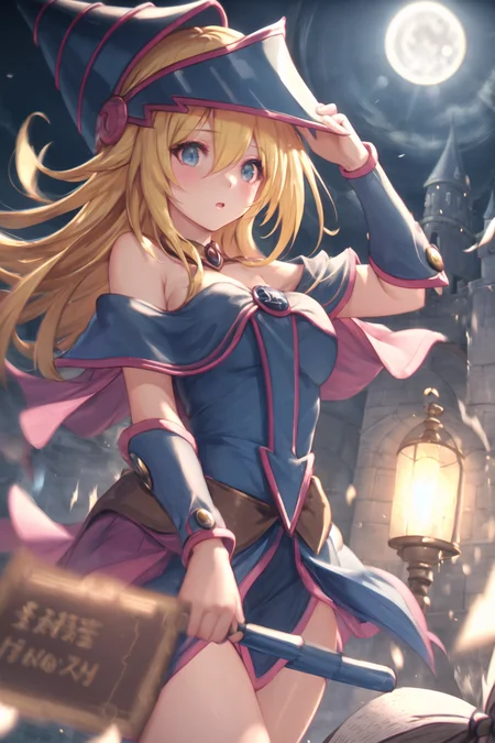 dark magician girl, mksks style, (very detailed background:1.0), (highly detailed background:1.0), masterpiece, best quality, (1girl), solo, (water), long hair, blonde hair, blue headwear, wizard hat, spell casting, castle, castle:2, motion blur, book, magic, (moonlight:1.2), chromatic aberration, depth of field, soft lighting, highly detailed face, highly detailed eyes, <lora:dark_magician_girl_offset:1>, <lora:dpep2 768:0.7>