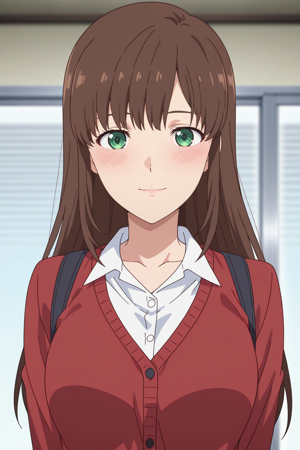 masterpiece, best quality, absurdres, highres, source anime, very aesthetic, very awa, BREAK, anime coloring, anime screencap,
 <lora:tachibana_hina_v1-illustrious:1>, 1girl, tachibana hina, domestic na kanojo, green eyes, brown hair, long hair,
red cardigan, upper body, 
BREAK, looking at viewer, light smile, blush,
BREAK,