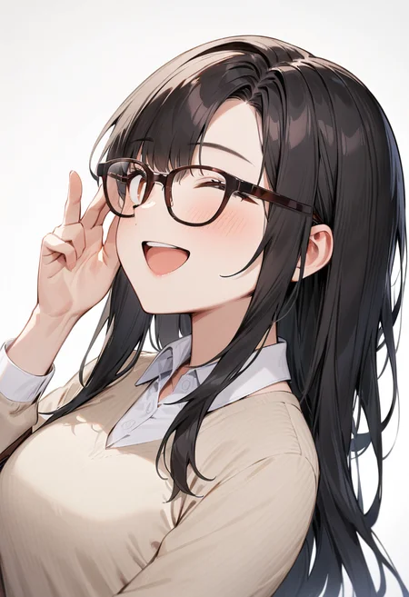 masterpiece, best quality, very aesthetic, absurdres,
1girl, solo, black hair, long hair,
Wellington22A, glasses, brown-framed eyewear,
collared shirt, happy, smile, looking at another, adjusting eyewear, white background, simple background,
<lora:glasses_Wellington_cellframe1_SDXL_V1:0.8>