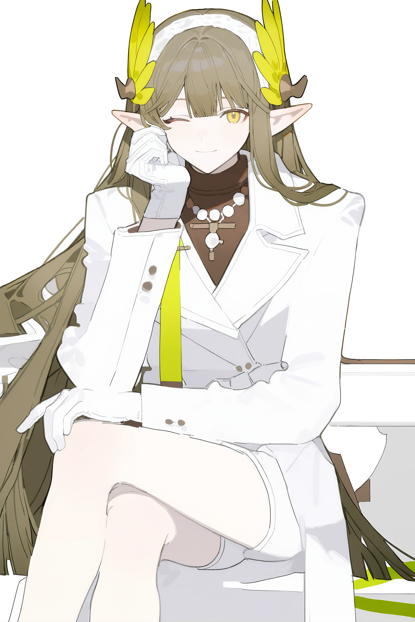 white background,
muelsyse \(arknights\),1girl,solo,yellow_eyes,pointy_ears,very_long_hair,brown_hair,bangs,feather_hair_ornament,one_eye_closed,smile,crossed_legs,looking_at_viewer,sitting,white_gloves,jewelry,white_coat,brown_turtleneck,white_shorts,
masterpiece,best quality,
<lora:ãILXLãJacknife-000009:1>,