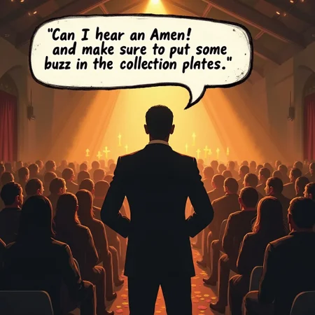 southern black church, black preacher and his gospel choir, facing his cogregation, with a speech bubble "Can I hear an Amen! and make sure to put some buzz in the collection plates"