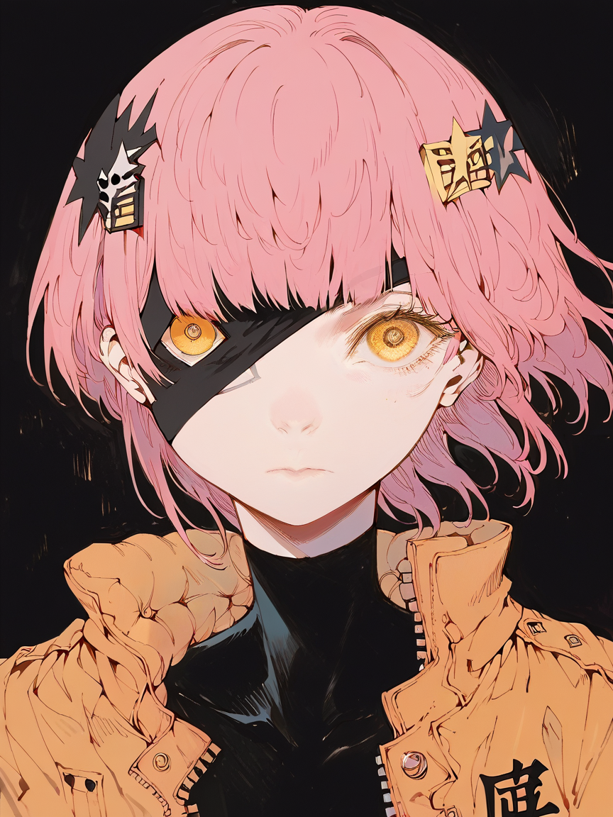 score_9, score_8_up, score_7_up, score_6_up, score_5_up,    <lora:MONXLP:1> mon, 1girl, solo, eyepatch, yellow eyes, looking at viewer, hair ornament, pink hair, closed mouth, one eye covered, bangs, portrait, short hair, black background, jacket