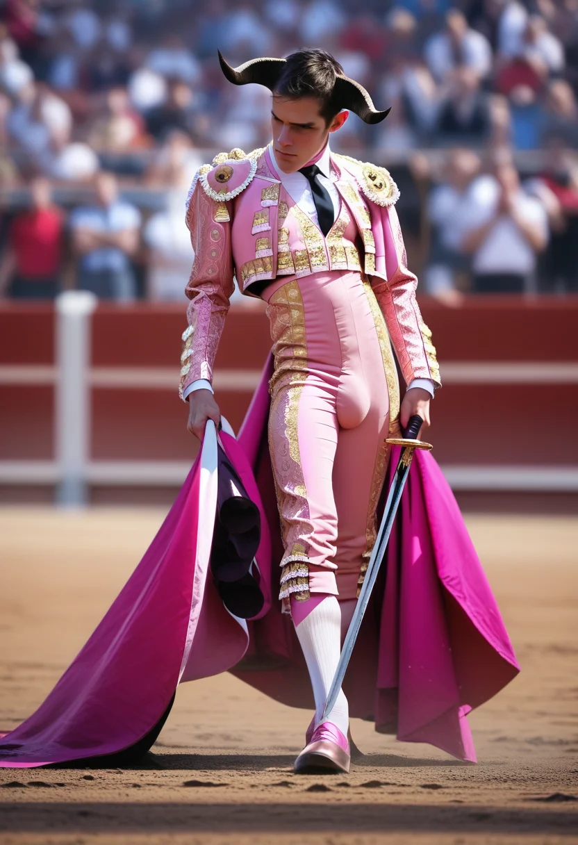 score_9, score_8_up, score_7_up, tr4j3, 1boy, arched back, twirling cape, cape, holding sword, sword, montero, pink and gold traje, bulge, horns, tricerotops, bullring, spectators, blurry background <lora:traje_PNY_Panache-000010:1>