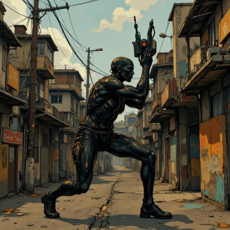 Social Realism painting. Ground level wide angle view. modern theme. Full body. Old South Korean wrinkled apocalyptic modern robot storming a barricade in a impossible field setting. Intricate black and orange and white Voronoi details. Overall, the scene is industrialised and is very detailed. Dramatic lighting illuminates the scene from below. <lora:Charcoal01d_CE_FLUX_AIT:0.6> <lora:Paper_Marbling_Flux:0.5> <lora:아름답고_우아한_r1:0.75>