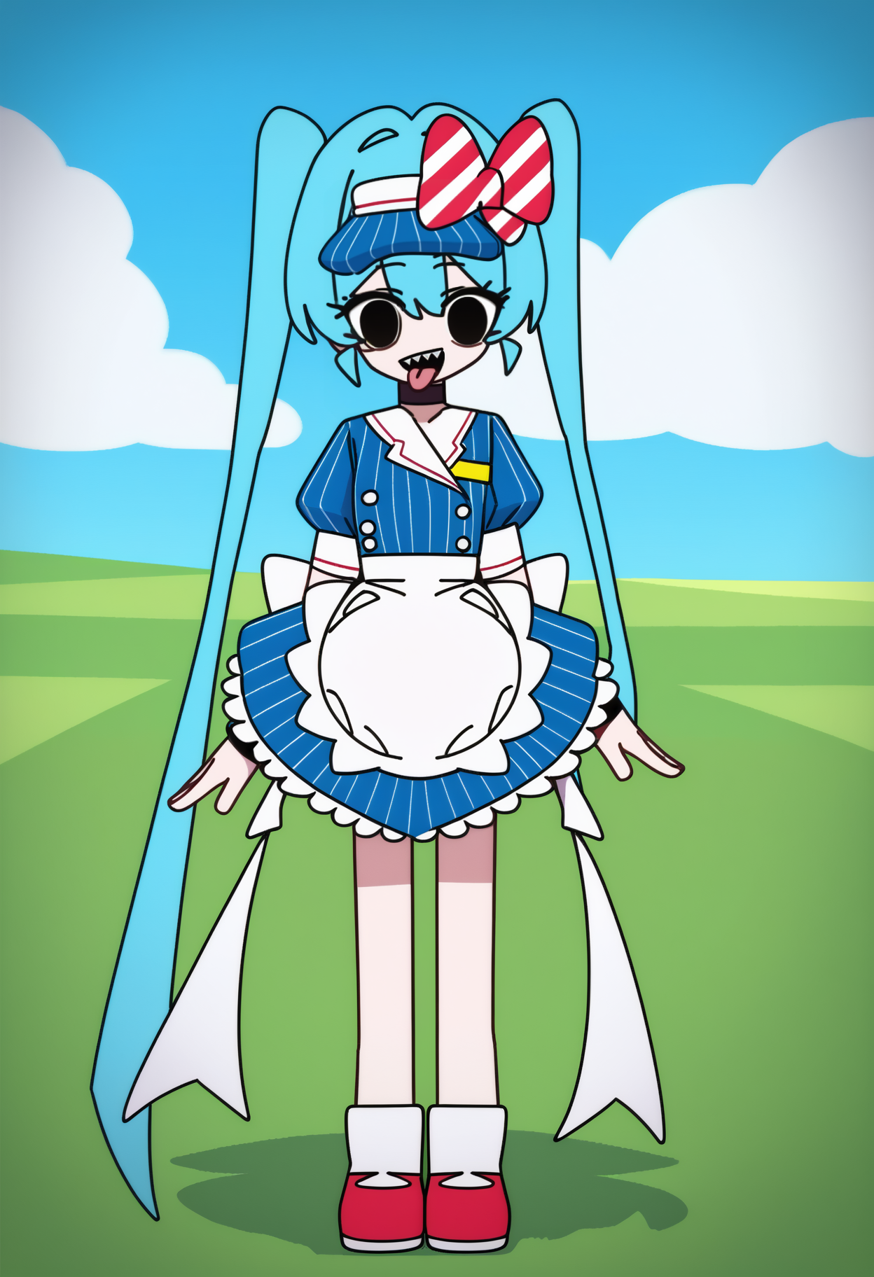score_9, score_7_up, <break> solo, 1girl, mesmerizermiku, sharp teeth, smile, tongue out, looking at you, standing, twintails, hair bow, striped bow, visor cap, black eyes, frills, blue dress, vertical-striped dress, buttons, puffy short sleeves, wrist cuffs, waist apron, frilled apron, black choker, outdoors, blue sky, cloud, grass
 <segment:yolo-face_yolov8m.pt,0.4,0.5//cid=1>