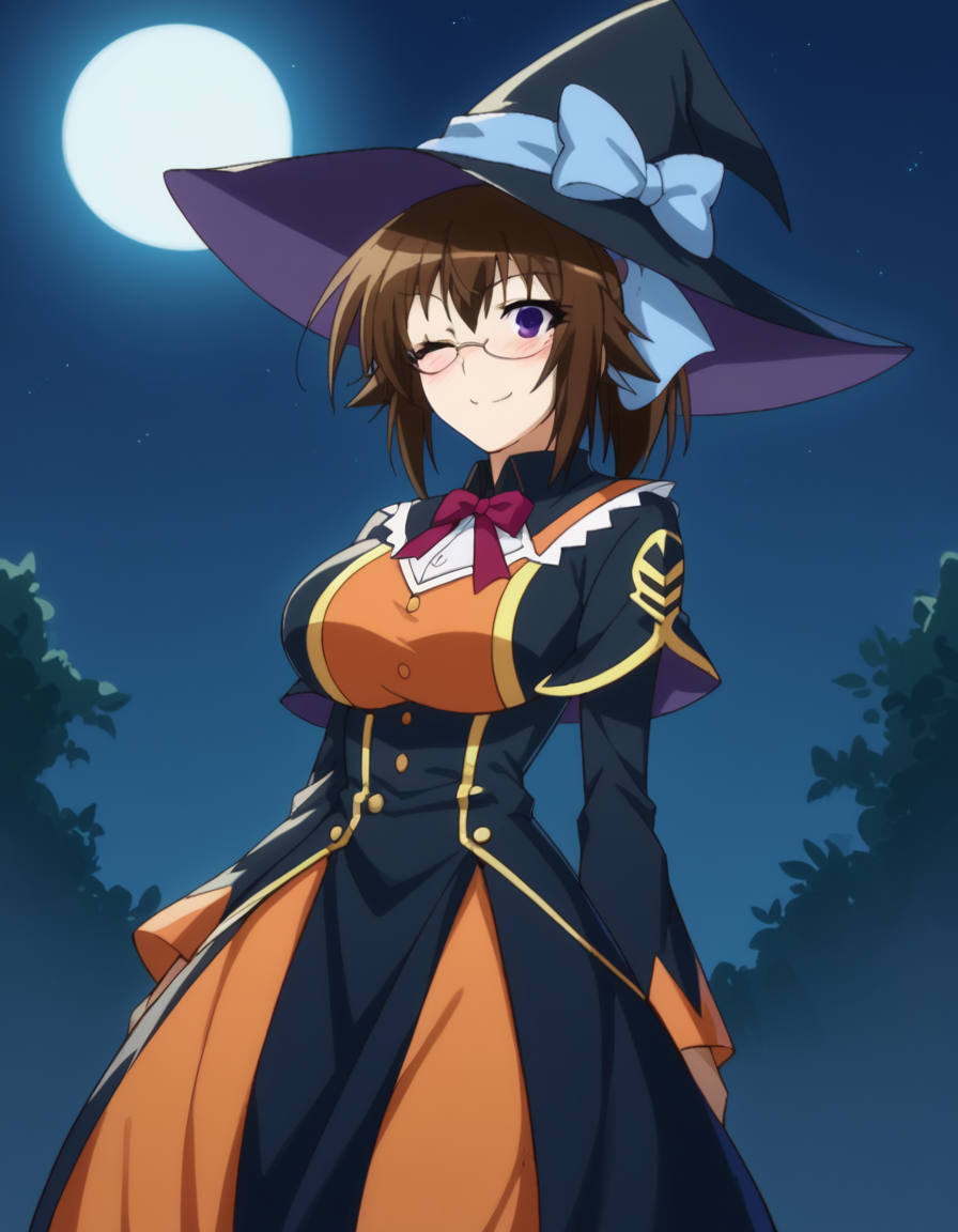 score_9, score_8_up, score_7_up, source_anime, <lora:mogana-kikaijima-s2-ponyxl-lora-nochekaiser:1>, mogana kikaijima, brown hair, purple eyes, ponytail, glasses, hair bow, blue hair bow, large breasts,, <lora:witch-ponyxl-lora-nochekaiser:1>, witch, hat, witch hat, dress, halloween, halloween costume, jewelry,, night, moon, blush, smile, one eye closed,, , dutch angle, cowboy shot