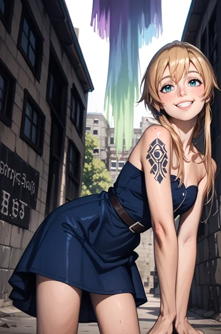 score_9, score_8_up, score_7_up, score_6, score_5, score_4, source_cartoon, realistic, rating_safe, bent over,strapless,all foursdress, cowboy boots 1girl, titania \(sao\), sword art online, Aurora, 22 yearold woman,smile, close up, from below lips, teeth (<lora:2000s_Indie_Sleaze:0.85>445l34z3 <lora:MoriiMee_Gothic_Niji_Style.Pony.LoRA:0.6><lora:ttokgirls:0.4> t1kt0k50ld,) (simple tattoo) (~simple background|brick wall| graffiti, TGIF|urinal|water fountain, TGIF| water spigot, concrete wall, wanted}