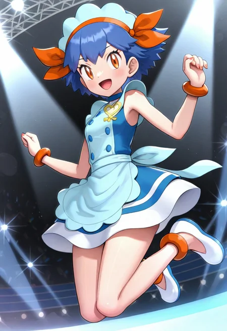 [hinosaki, pokemoa, gonzarez], 2d, masterpiece, best quality, amazing quality, highres, absurdres, newest, 1girl, solo, looking at viewer, stage, spotlight, jumping, cmiette, miette \(pokemon\), orange eyes, blue hair, short hair, headdress, sleeveless, short dress, apron, jewelry, buttons, bracelet, anklet, flats, white footwear