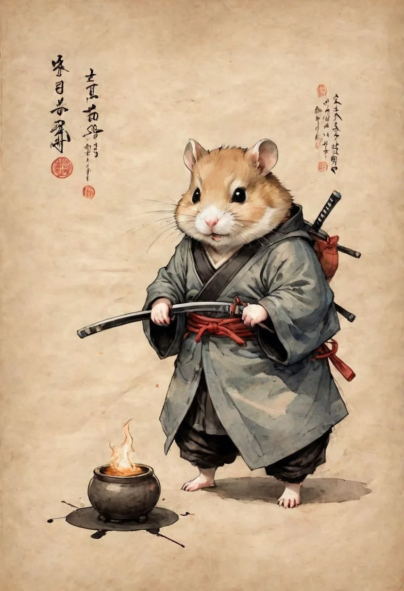 old book style ink illustration, on parchment, ink splashes, ink stains, ink smears, faded ink, samurai chubby Dzungarian hamster, katana, coat, pantless, linquivera, liiv1, on parchment
