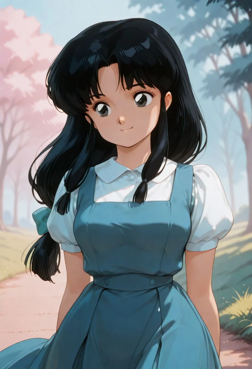 masterpiece, best quality, ultra-HD, high detail, depth of field, (blurred background), (dramatic lighting), very aesthetic,8k,
akane, 1girl, solo, black eyes, parted bangs, sidelocks,
low-tied long hair, hair bow, blue dress, pinafore dress, puffy short sleeves, white shirt, collared shirt, school uniform,
outfit_retro, black hair, long hair, retro art style,
breasts, wind, skirt uplift, panic holding the skirt, panty, pastel colors, anime, outdoors, happy, trees, grass
