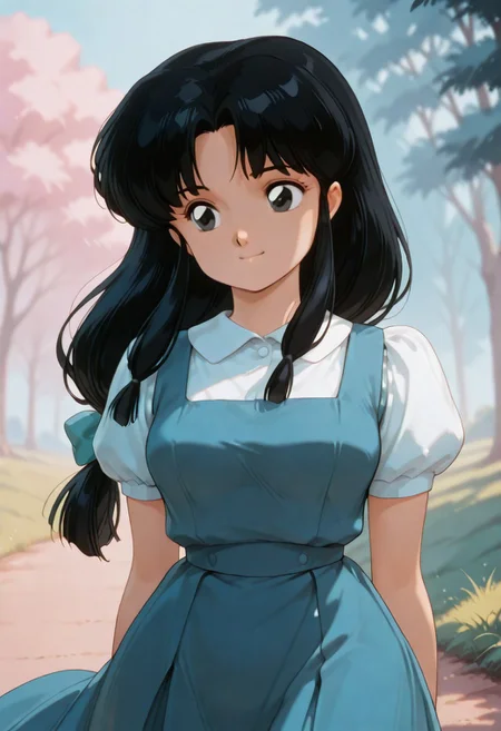masterpiece, best quality, ultra-HD, high detail, depth of field, (blurred background), (dramatic lighting), very aesthetic,8k,
akane, 1girl, solo, black eyes, parted bangs, sidelocks,
low-tied long hair, hair bow, blue dress, pinafore dress, puffy short sleeves, white shirt, collared shirt, school uniform,
outfit_retro, black hair, long hair, retro art style,
breasts, wind, skirt uplift, panic holding the skirt, panty, pastel colors, anime, outdoors, happy, trees, grass