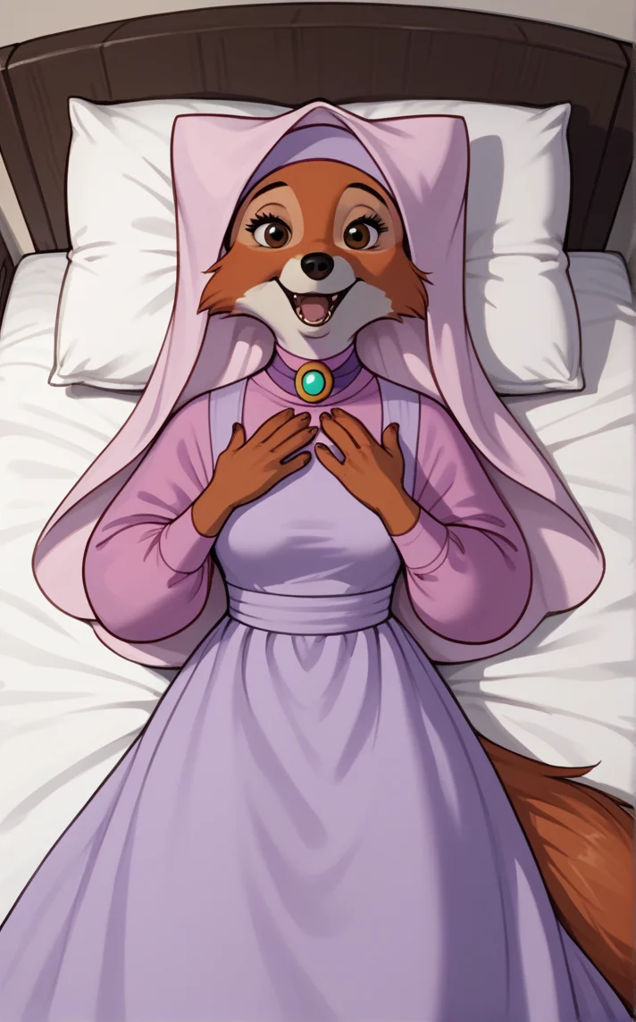 score_9, score_8_up, score_7_up, absurdres,lying, on bed, on back, pillow, from above, indoors, depth of field, solo, looking at viewer, <lora:PONYXL_RobinHood_MaidMarian_ownwaifu:0.8> BREAK MainOutfit_MaidMarian_ownwaifu, 1girl, fox girl, animal nose, brown eyes, furry female, orange fur, habit, two-tone fur, white fur, body fur, snout, purple dress, veil, brooch, purple shirt, jewelry, puffy sleeves, hood up, long sleeves, puffy long sleeves, long dress, fangs, pinafore dress, gem, fox tail, blue gemstone, pink headwear, purple collar, tail, hooded cloak, breasts, turtleneck, medium breasts, <lora:add-detail-xl:0.15>,