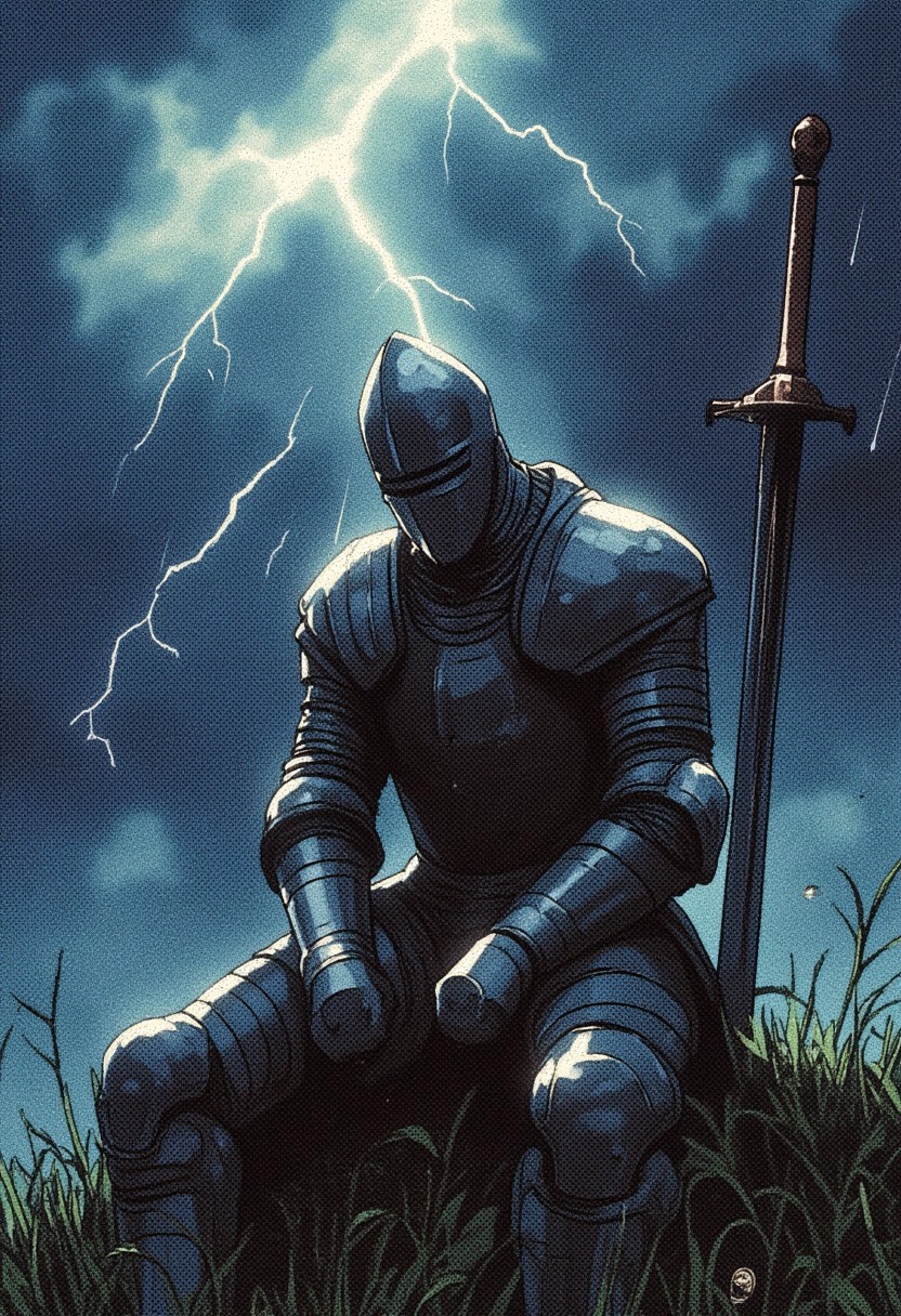 knight in metal armor sitting on his knees in a field. A stormy sky hangs above him with lightning cutting through the clouds. The armor shines under the light, reflecting the cold atmosphere. Behind the knight there is a long sword stuck into the ground, which complements the warlike image. Grass grows around him and raindrops fall from the sky, adding to the dark and dramatic mood of the scene.