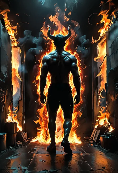 <lora:flame silhouette:1>, <lora:flame:1>, flame,
fullbody, full body, back view, <lora:Super perspective and fight stance:0.8>, ((super low perspective)), low perspective, ((fisheye)), dark atmosphere, dark shadow, deep shadow, shadow, Super perspective,fisheye, wide shot, foreshorten, lighting stance, (fire around), ((fiery footprints)),
Man with demon horns in black shorts walking away from the long dark office corridor, Adult, Mesomorph Muscular body, short Muscular neck, Rectangle faces, broad Muscular shoulders, Muscular fitness arms, black short combed back hair, Angular jawline, Designer Stubble black whiskers, triangular black hair beard, Muscular fitness ass, Athletic thighs, Muscular fitness legs, big muscles, dark black skin,
((burning walls)), ((fire on the walls)),
<lora:Camera Perspectives (507):1>, from below, foreshortening, perspective,
graphic style of novel comics, perfect hands, 2d,
8k, hyperrealism, masterpiece, high resolution, best quality, ultra-detailed, super realistic, Hyperrealistic art, high-quality, ultra high res, highest detailed, lot of details, Extremely high-resolution details, incredibly lifelike, colourful, soft cinematic light,