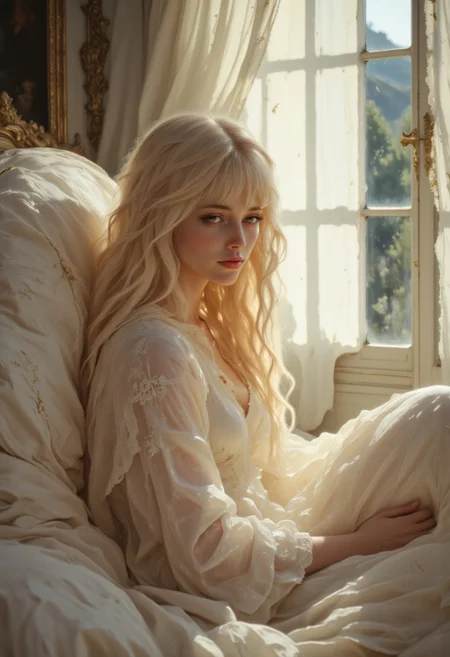 (vintagegirls:1.2) A closeup portrait of a petite and small framed woman with long blonde hair and bangs, with a pale complexion, light freckles and small breasts. She is wearing an elegant sheer, white silk and lace nightgown while reclining on a large bed with large and fluffy pillows. there is an open window with white, sheer curtains blowing in an unseen breeze. There are light dust particles in the air caught by the streaming sunlight through the open window. realistic, odd camera angles, dynamic pose, dramatic lighting, Victorian setting, looking at viewer, shy smile, full lips, contemplative, sharp focus on face, tight and closeup cinematic, full color shot