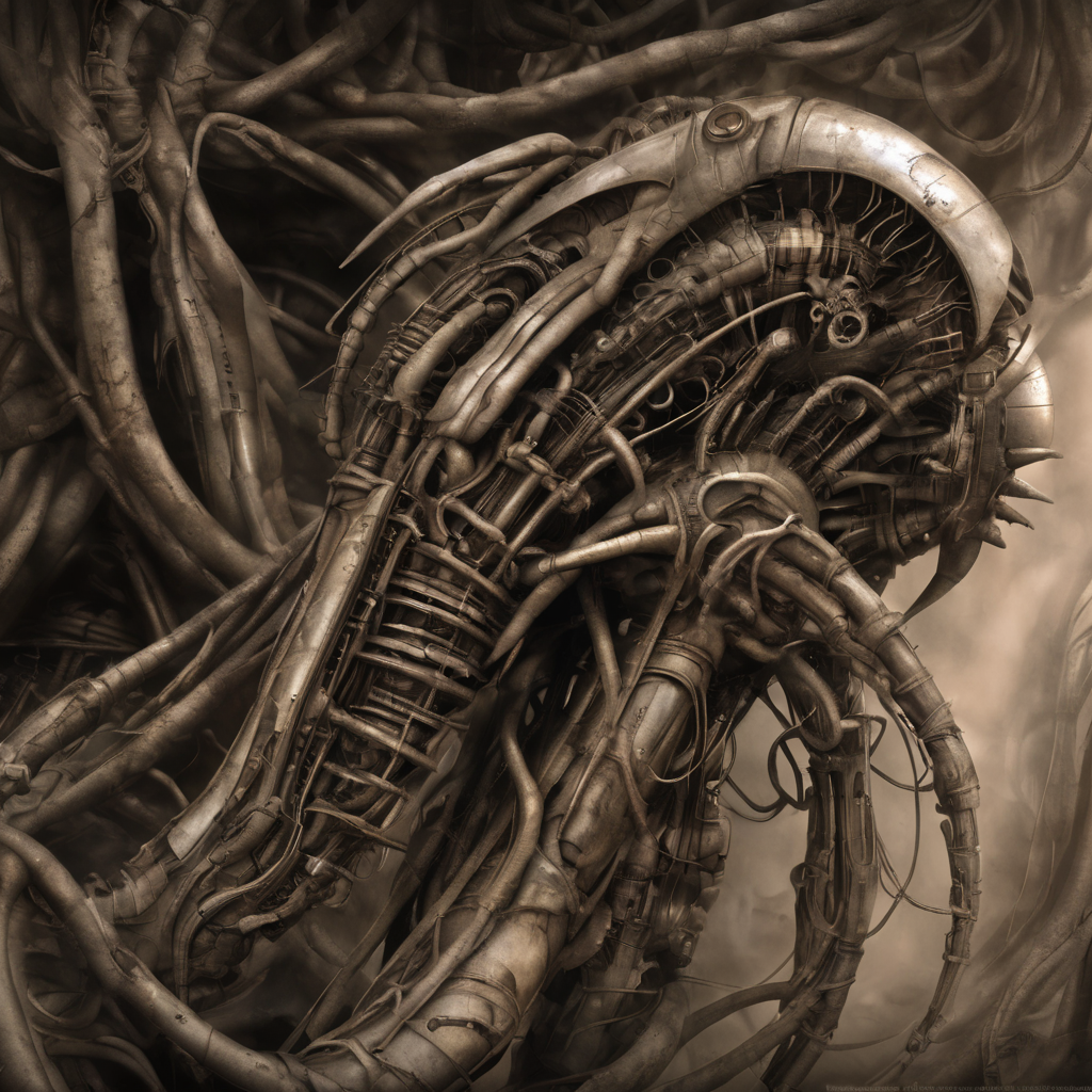 <lora:y4nn-000006:0.8>y4nn, b0dy, tubes, biomechanical, fantasy art, giger style, contorted
