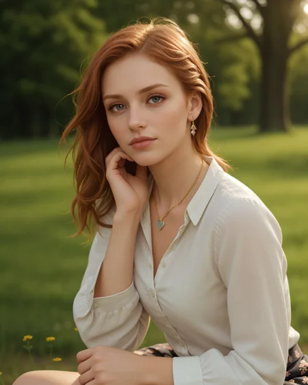 superbloom scenery, 24yo attractive irish redhead, (striking eyes with full limbal ring visible, piercing gaze with prominent limbal rings, large expressive eyes with sharp limbal rings, intense wide eyed stare at viewer:1.4), wide cinematic establishing shot seductive young woman sitting having picnic under tree, (bra strap, cleavage,  young adult irish redhead:1.25), (style of Alessio Albi:1.4), Realist Portraiture, Soft Lighting, Emotional Depth, Simple Compositions, (Layered Depth, Soft focus foreground, Painted Scenery:1.1), alluring feminine physique, short backlit hair, perfect face, thin upper lip, pouting lower lip, thin brows, small upturned nose, bow-shaped lips, Raised Eyebrows, Focused Gaze, eager expression, quaint farm setting, (relaxed country woman), (tight unbuttoned shirt, thin material), subsurface scattering, classic cotton, soft pastel, intricate embroidery collar cuffs, rolled-up sleeves revealing sun-kissed forearms BREAK (blanket:1.15), rich textures, patchwork design, vibrant colors, detailed stitching, homely aesthetic (skirt), elegant rustic charm, subtle floral pattern, linen, sways breeze BREAK ((wildflower wreath)), crown delicate chain necklace, small, intricate pendant, heart-shaped with floral theme, glowing subtly in the soft light, ethereal quality, [lens flare glinting], (mischievous yet content expression), lush green fields in the background, (soft, sunlit ambiance), simple leather boots, carefree hair  <lora:kodak_ultramax_400:0.8> golden hour, soft golden light, pastel sky, relaxed posture, natural smile, earthy colors, candid moment, trees and flowers in background, leading lines, depth of field, slightly off-center framing, warm tones, cinematic look, natural setting, editorial style, soft textures, subtle lighting, peaceful mood