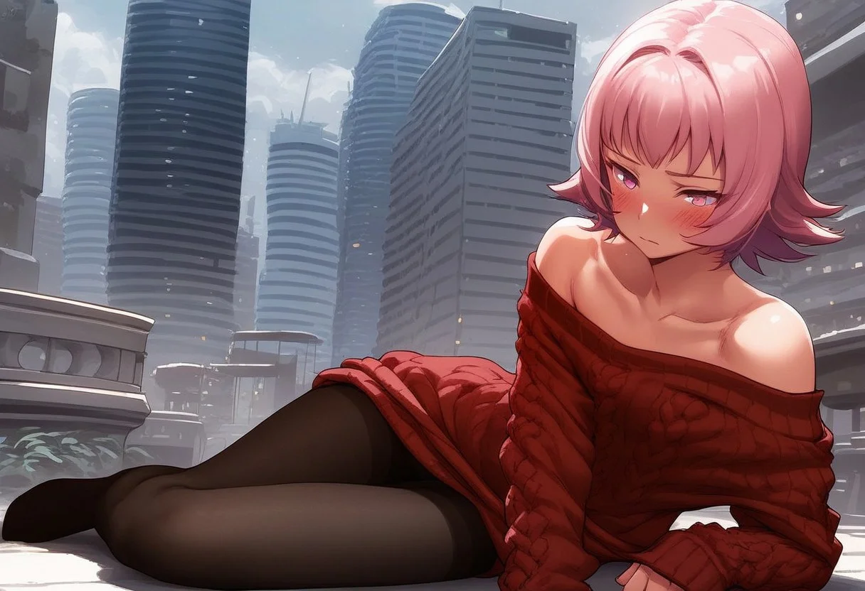 ,score_9, score_8_up, score_7_up, score_6_up, score_5_up,(solo:1.9),1girl, 
BREAK
Tamao Tamamura , pink hair, pink eyes, short hair, (small breasts),on knees, 
BREAK, 
bare shoulders,  collarbone, dress, long sleeves, off shoulder, off-shoulder dress, off-shoulder sweater, pantyhose, red sweater, sweater, sweater dress, clothes lift, shirt lift, removing shirt, taking top off, thighs, blush, blushing female, pose sexy, lying down
BREAK
daytime,city , city view, buildings