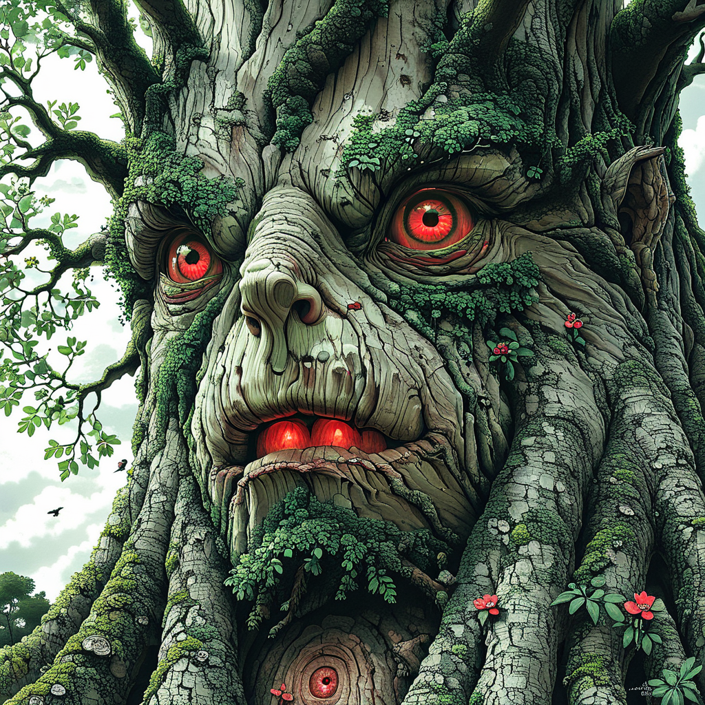 <lora:Hyperdetailed_IllustrationSDXL:1> ArsMJStyle, HyperDetailed Illustration, The image is a digital illustration of a tree with a face in the center. The tree has a large trunk that is covered in green leaves and branches and its face is made up of a mix of different shades of green and brown. The face has a pale complexion and a large nose and mouth with red eyes that are piercing through the bark. The eyes are large and round and they appear to be glowing red. The trunk is also covered in moss and lichen and there are small red flowers scattered around the tree. The background is a cloudy sky with a few birds flying in the distance. The overall mood of the image is eerie and mysterious., no humans, tree, red eyes, glowing eyes, glowing, petals, sky, cloud, outdoors, flower