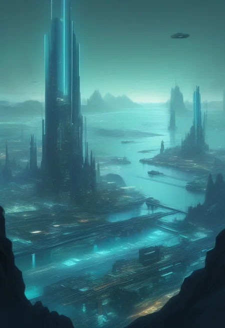 Ultra detailed tron city viewed from afar. dark oceans lead up to a harbor filled with flying cargo vessels in blues and greens. Dark hills surround the city. A light blue mist hides some of the view.