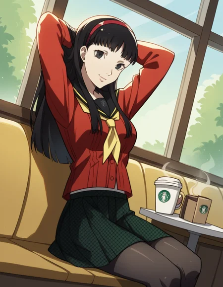 score_9, score_8_up, score_7_up, source_anime, <lora:yukiko-amagi-s1-ponyxl-lora-nochekaiser:1>, yukiko amagi, long hair, black hair, hairband, black eyes, medium breasts,, skirt, school uniform, pantyhose, serafuku, black pantyhose, shirt, white shirt, cardigan, red cardigan,, cafe, coffee cup, barista, sitting down, talking, relaxing, sunlight through window, , looking at viewer, hands behind head, smile,, solo,, cowboy shot, dutch angle