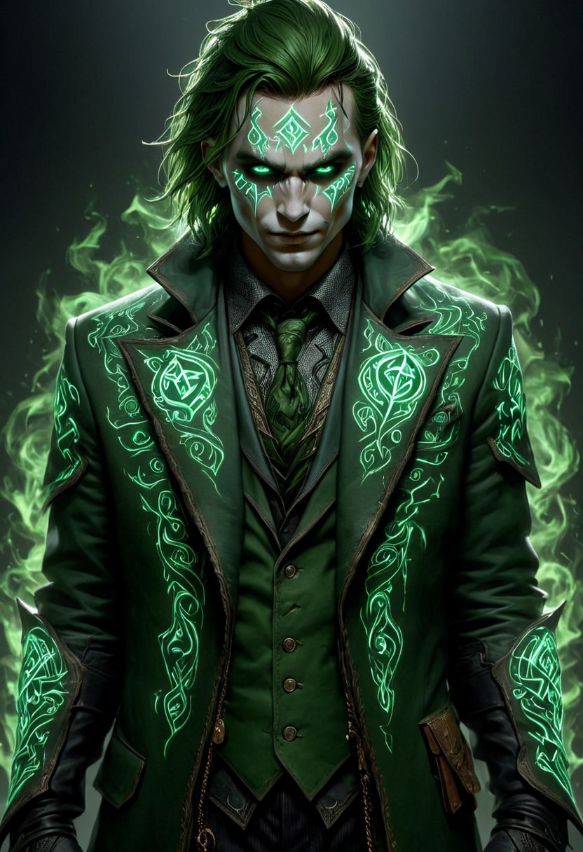(PEJoker, high quality, HD, full body, dramatic lighting, cinematic composition, detailed, glowing rune costume, dark green glowing runes, intense eyes, concept art, trending on ArtStation, (dark, evening, (vignette)))