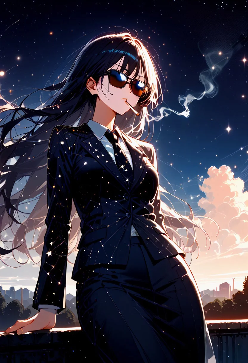 score_9, score_8_up, score_7_up, score_6_up, source_anime, starry_morph, 1girl, business suit, black tie, smoking, cigarette, smoke, sunglasses, tucking hair