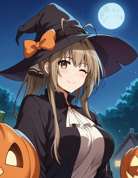 score_9, score_8_up, score_7_up, source_anime, <lora:isuzu-sento-s1-ponyxl-lora-nochekaiser:1>, isuzu sento, long hair, brown hair, bow, brown eyes, ponytail, hair intakes, antenna hair, large breasts, <lora:witch-ponyxl-lora-nochekaiser:1>, witch, hat, witch hat, dress, halloween, halloween costume, jewelry,, night, moon, blush, smile, one eye closed,, looking at viewer