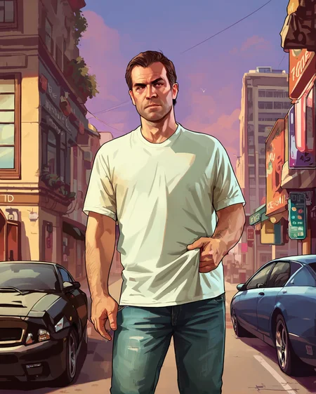 gta5, male focus, 1 man, brown hair, muscular, standing on the street, wearing white t-shirt, jeans, outdoors, at street, car behind him, cowboy shot <lora:_SELF_fallen_ai_PONY_gta5_style_b:1>, zPDXL, score_8_up, score_7_up, score_6_up, score_9, illustration