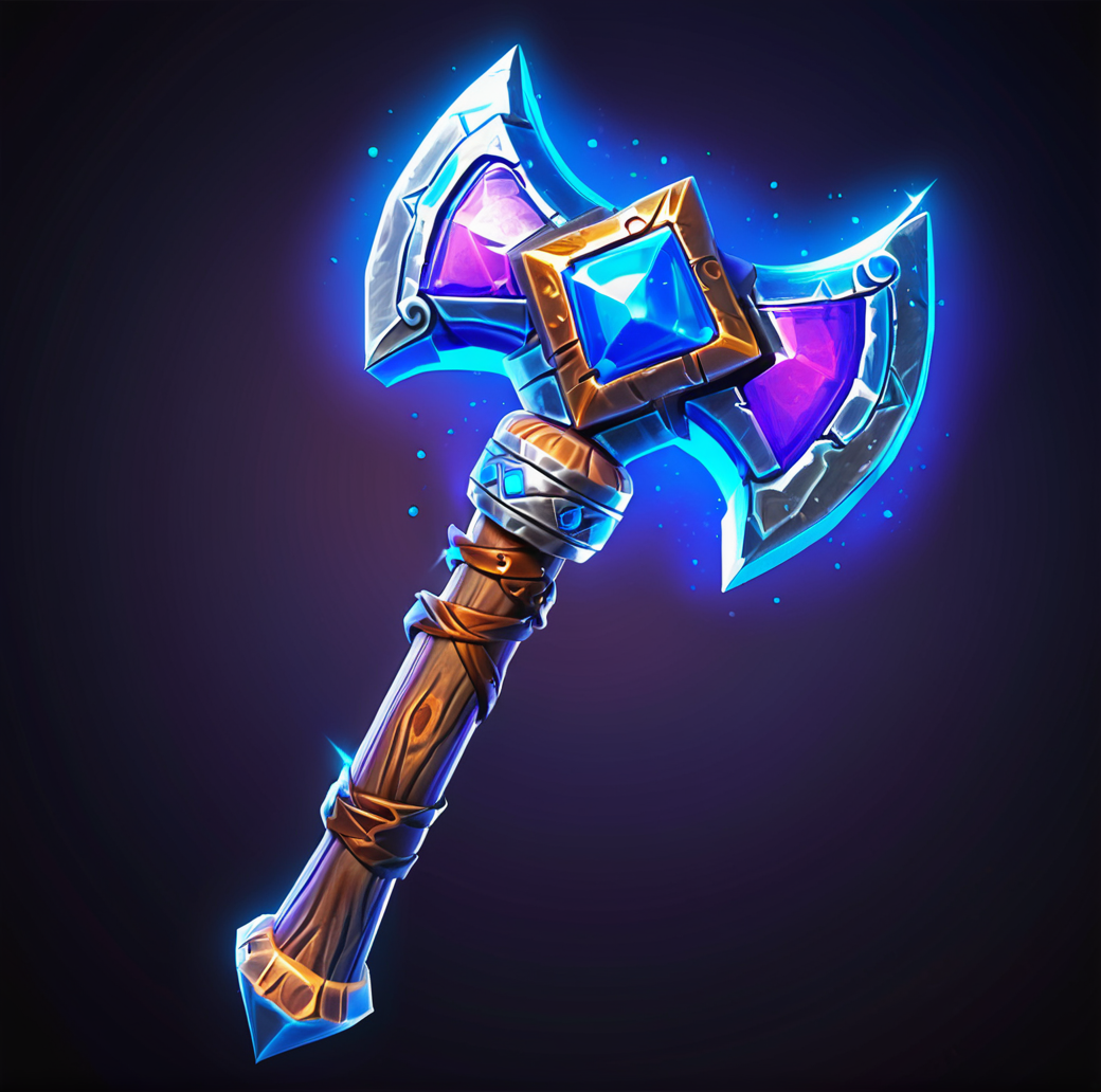 digital game illustration, fantasy hammer, magical weapon, enchanted warhammer, glowing runes, gemstones, metallic texture, wood handle, wrapped grip, blue and purple color scheme, intricate metalwork, high-quality illustration, digital art, isolated on dark background, three-dimensional effect, shiny reflections, game asset ,<lora:æ¸¸æ-000002:0.6>