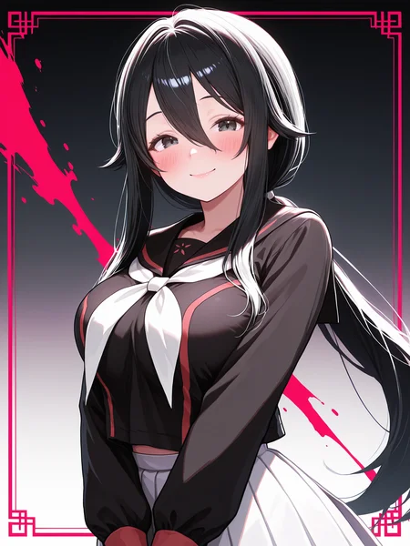 omoyu \(nakyu715\), <lora:Ryoba4XL:1> Ryoba_YS, 1girl, long hair, low ponytail, serafuku, large breasts, white pleated skirt, white neckerchief, school uniform, <lora:cfg_scale_boost:0.5> <lora:retrocute:1>, inset border, <lora:spo_sdxl_10ep_4k-data_lora_webui:0.4>, solo, gradient background, simple background, red splatter, upper body, smile, dynamic pose, blush, lazypos, looking at viewer, [[[ningen mame]]], black eyes, v arms,
