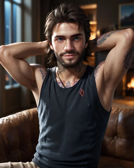 score_9, score_8_up, score_7_up, intricate details, rating_questionable,
<lora:homri52:1>,
<lora:DGDeek:1>
1boy(DGDeek, 1boy, brown hair, blue eyes, beard, tattoo, looking at the viewer, solo, slight smile,
cowboy shot, sitting on a sofa, leaned back, arms raised, hands behind head, typical clothing), comfy living room, at night, dark room, low light,
highres,
detailed background, depth of field,
<lora:ral-chrosc-clr:0.5>, ral-chrosc-clr,
<lora:Expressive_H:0.5>, Expressiveh,
<lora:xl_more_art-full_v1:0.3>,
<lora:add-detail-xl:0.3>,