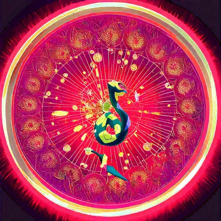 score_9, score_8_up, score_7_up, colored Mandala style, medium stylized pattern, (deep_purple base, black, red, and gold details), (glowing_golden_elements:1.2), Seviper, serpentine, vertical_figure_eight_pattern, intricate_design, symmetrical, traditional_mandala, luminous, mystical, highly_detailed, geometric_patterns, harmonious_composition, masterpiece, balanced, artistic, reverence, best quality, absurdres, highly detailed,