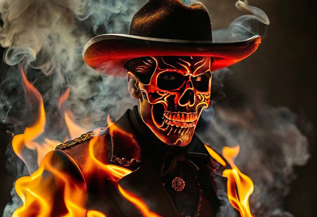 old town, intense fog, midnight light, tall man, Mariachi, black SKULLF4C3XL, black skull tattoo, black facial_tattoo, black skeleton makeup, skull facepaint,  red shining eyes, smoke from the mouth, walking, footprints in fire, (fire element:1.1),composed of fire elements,<lora:xl-shanbailing-1003fire-000010:0.75>,burning,transparency,fire,(molten rock),flame skin,flame print,fiery hair,smoke,cloud