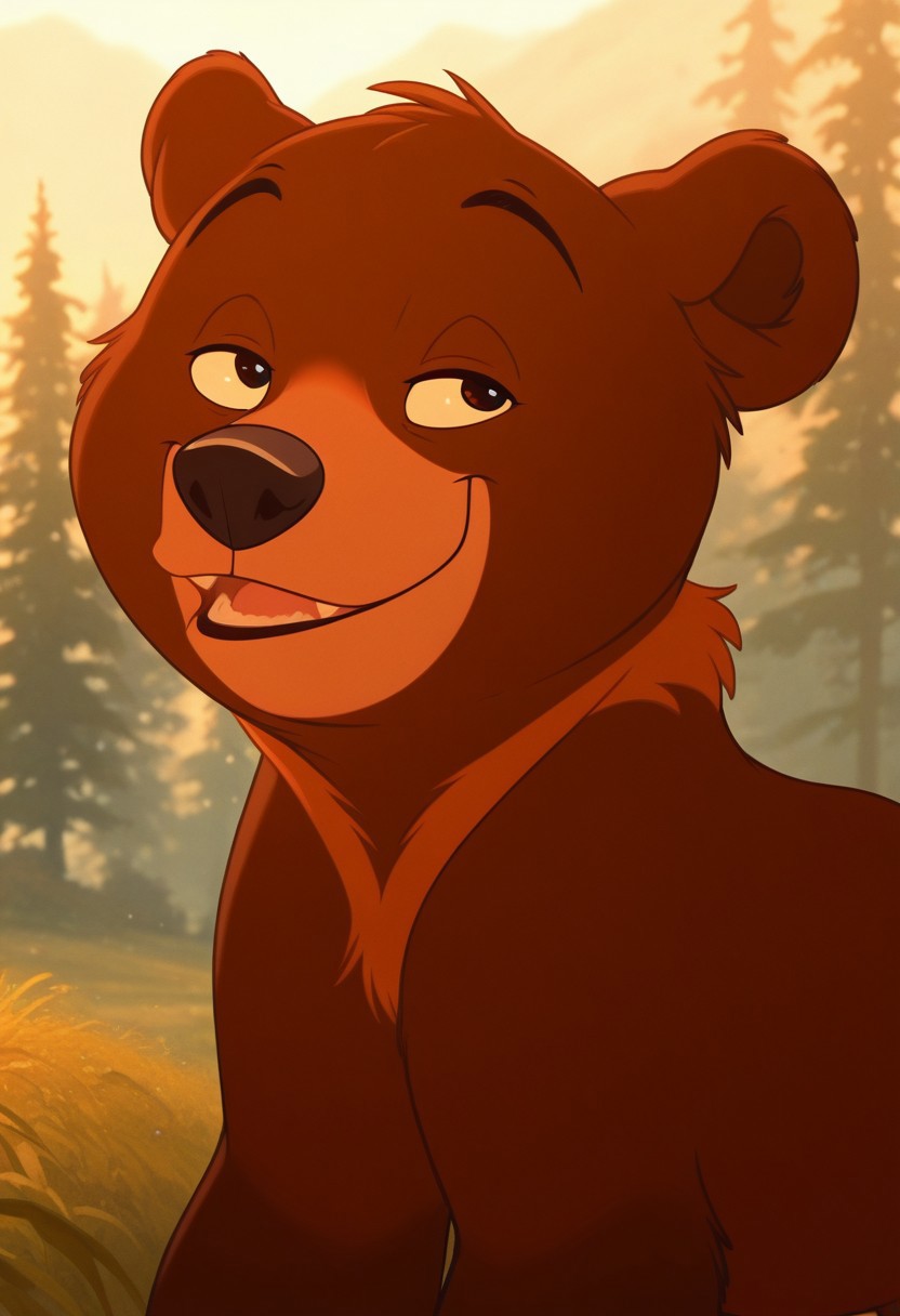 masterpiece, best quality, amazing quality, koda, solo, 1boy, bear, dark brown fur, orange neck fur, orange muzzle, dark brown legs, dark brown paws, smile