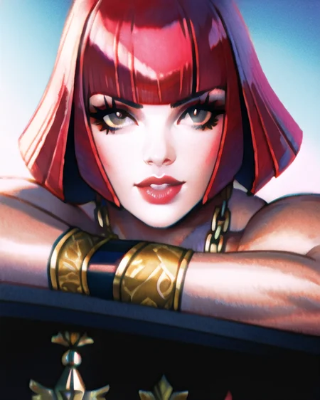 masterpiece, best quality, 1girl, marisa-4500, red hair, (green eyes), ((((portrait)))), upper body, (perfect face), (((muscular female))), ((forest)), ((trees)), round pupils, ((((broad shoulders)))), ((thick arms)), (((bodybuilder))), (realistic), (closed mouth),