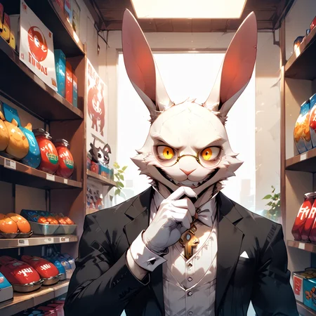 score_9, Score_8_up, Score_7_up, 6k, 8k, best quality, Furry, Anthro, seductive, furry, sexy male, (DMCRabi, White Rabbit, tall and slim, yellow eyes, crazy, bunny, wearing a black suit, white cravat, ruffled cuffs, glasses with round lenses, white gloves), inside a comic book store, racks of comics, collectables, posters on the walls, cramped spaces, , <lora:IncaseLycoXL:0.6> <lora:Expressive_H:0.5> <lora:g0th1cPXL:0.5> <lora:princess_xl_v2:0.6> <lora:DMCRabi:0.8> <lora:Fant5yP0ny:1>