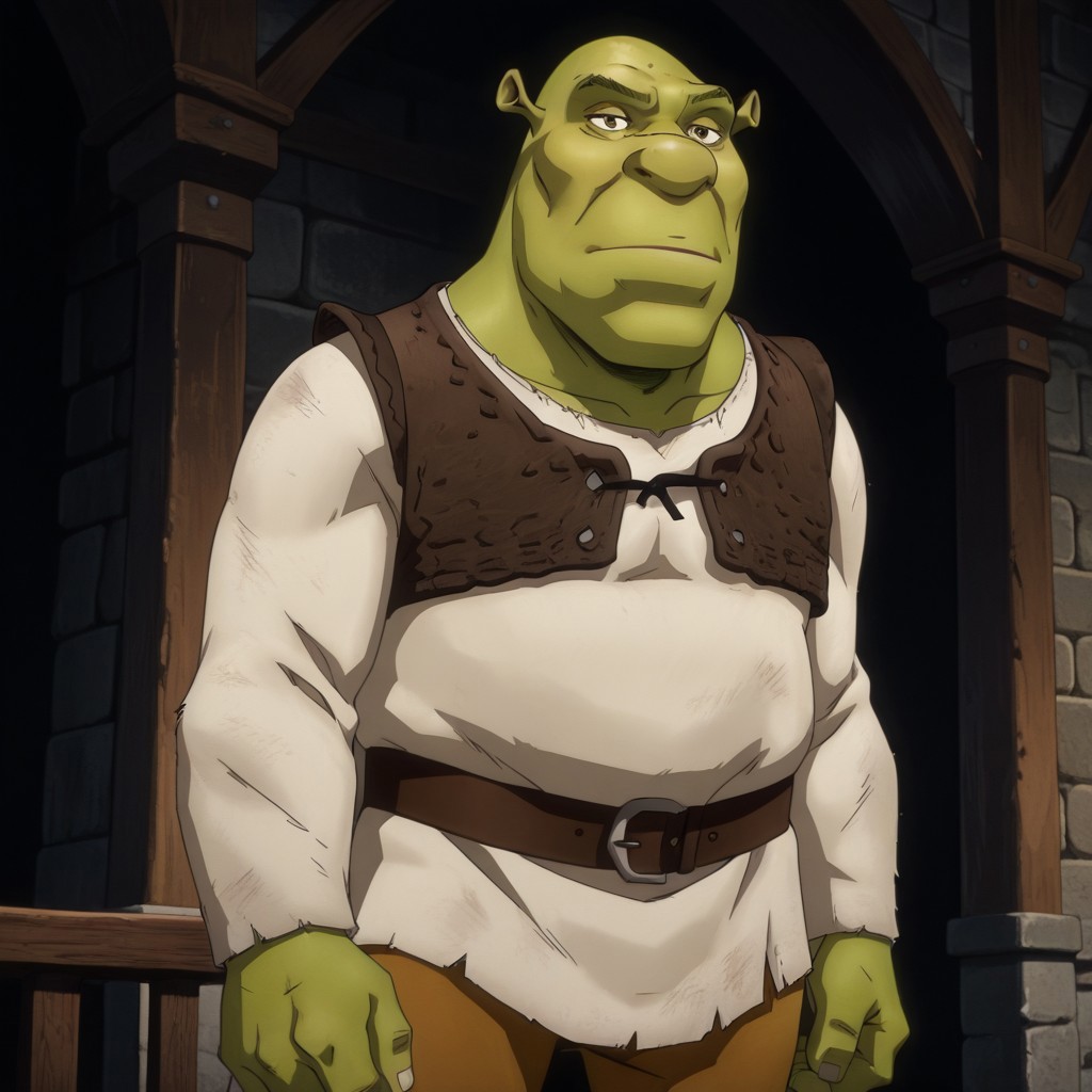 masterpiece, best quality, newest, absurdres, highres, anime, anime style, CastleVaniaStyle-IL.V1.0, 1boy, shrek, bald, green skin, brown vest, white shirt, brown belt, pants