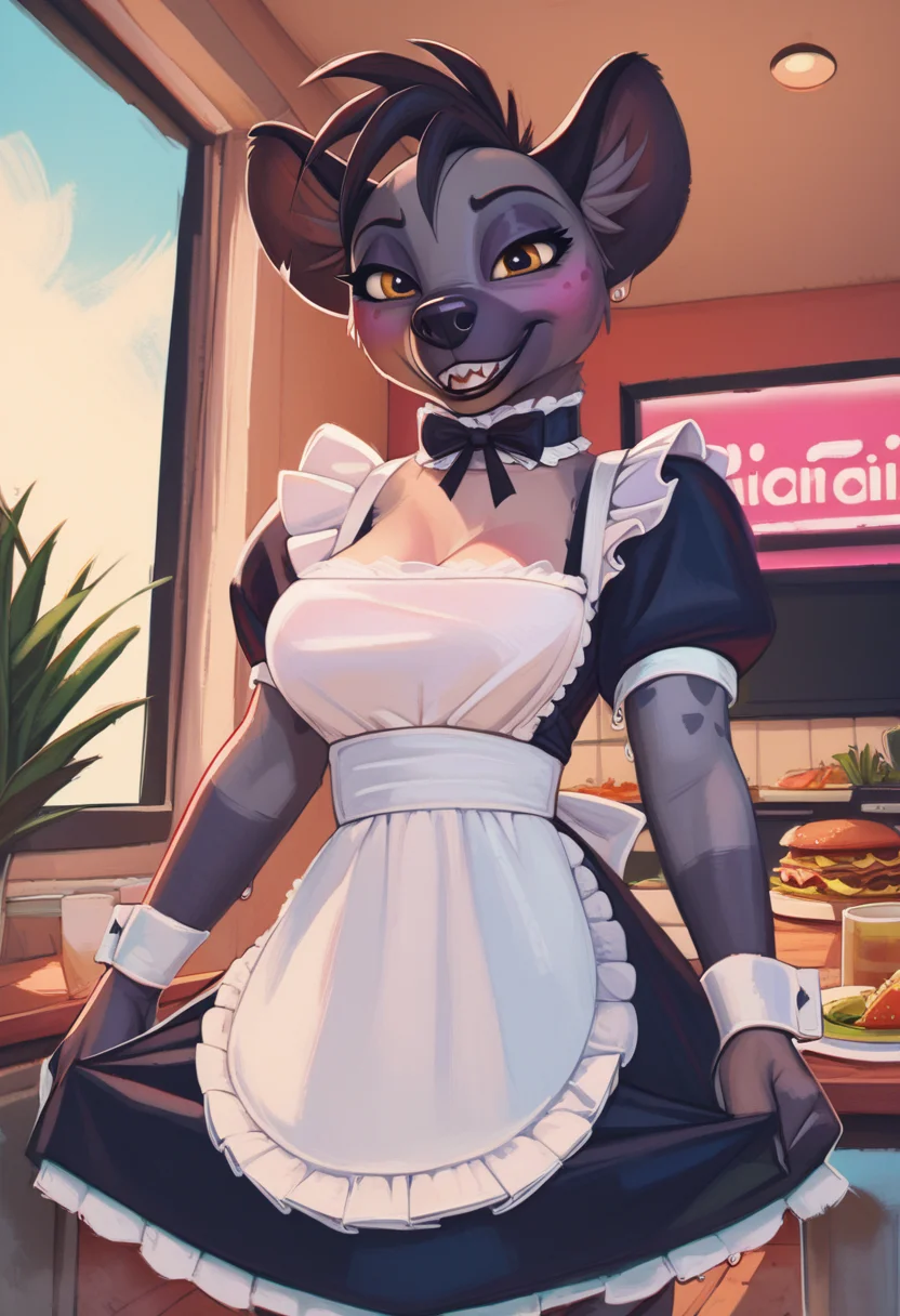 zPDXL, score_9,score_8_up,score_7_up,_up,source_cartoon, best quality, amazing quality, masterpiece, 1girl, looking at viewer, solo, blush, cute smile,maid, sexy maid outfit, indoor, kitchen, plant in the pot, diner, smug, fullbody, shenzi, hyena,yellow eyes, grey fur, sharp teeth, furry female, <lora:shenzi:0.8>, (anthro), standing, pixelsketcher, <lora:pixelsketcher:1>