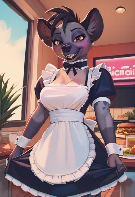 zPDXL, score_9,score_8_up,score_7_up,_up,source_cartoon, best quality, amazing quality, masterpiece, 1girl, looking at viewer, solo, blush, cute smile,maid, sexy maid outfit, indoor, kitchen, plant in the pot, diner, smug, fullbody, shenzi, hyena,yellow eyes, grey fur, sharp teeth, furry female, <lora:shenzi:0.8>, (anthro), standing, pixelsketcher, <lora:pixelsketcher:1>